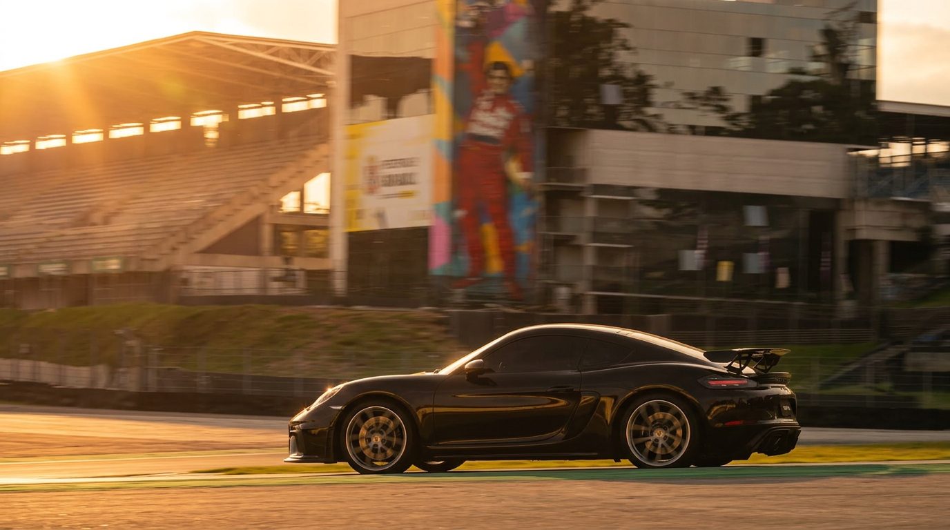 Porsche 718 Cayman GT4 acelerando em Interlagos ao pôr do sol, com o mural do Senna ao fundo